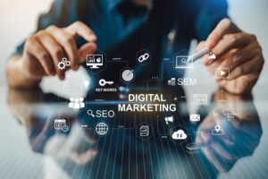 Illustration of digital marketing strategy featuring SEO, SEM, keywords, analytics, content marketing, and online advertising icons.
